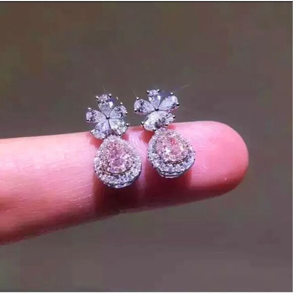 Pink water drop heart fashion flower copper zircon earrings - Picture 2 of 4